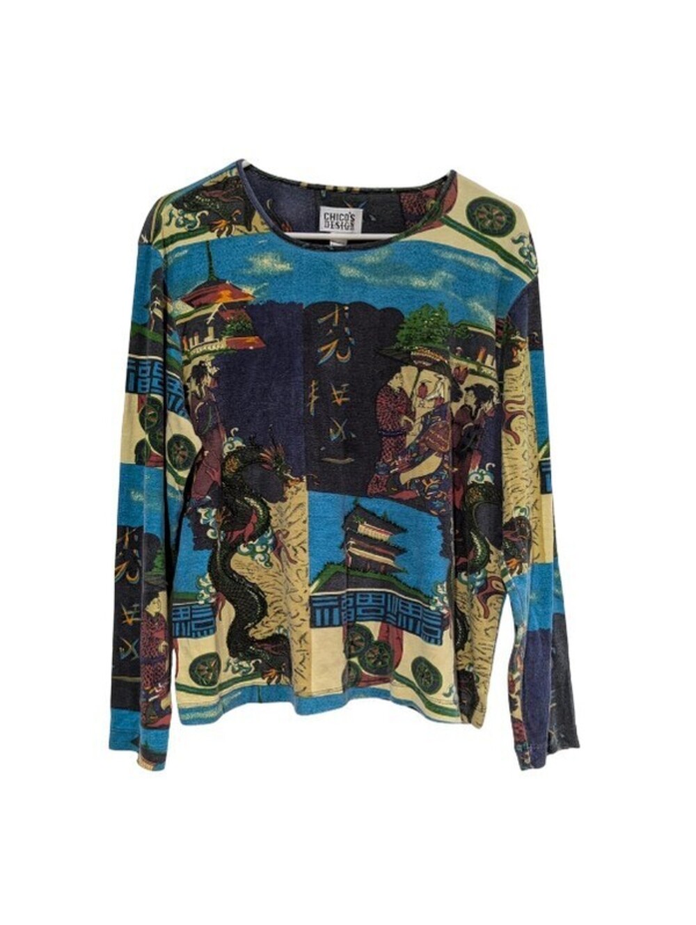 Chico's Design Women's Asian Art Print Embellished Top Multicolor Size 3 (Large)